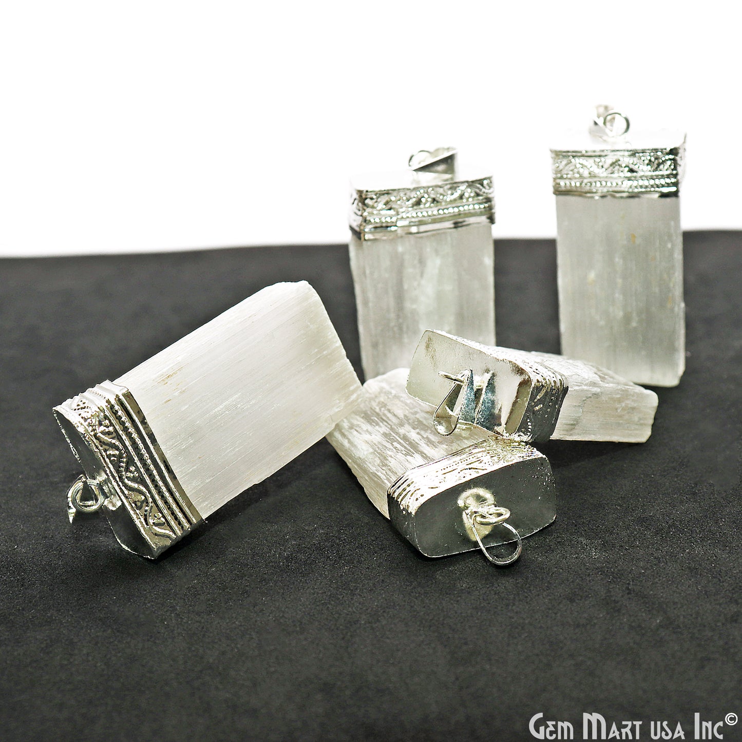 Selenite Rectangle 46x24mm Silver Connector Pendant