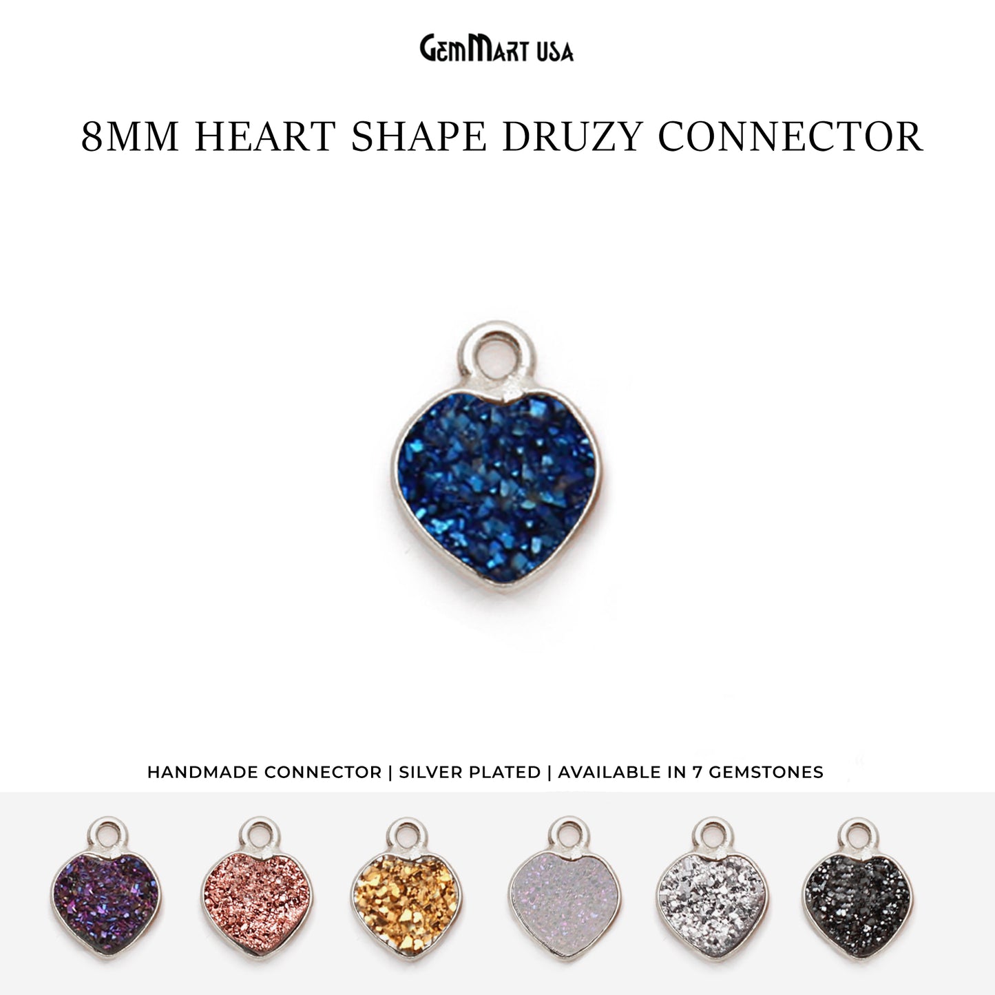 Natural Titanium Druzy 8mm Heart Silver Plated Single Bail Bezel Gemstone Connector