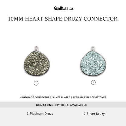 Natural Titanium Druzy 10mm Silver Heart Gemstone Connector