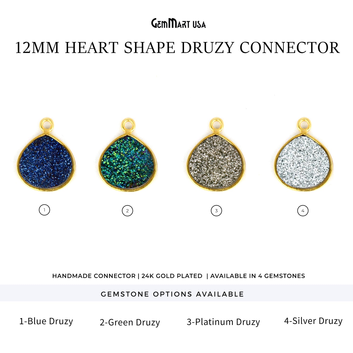 Titanium Druzy 12mm Gold Plated Heart Point Single Bail Gemstone Connector