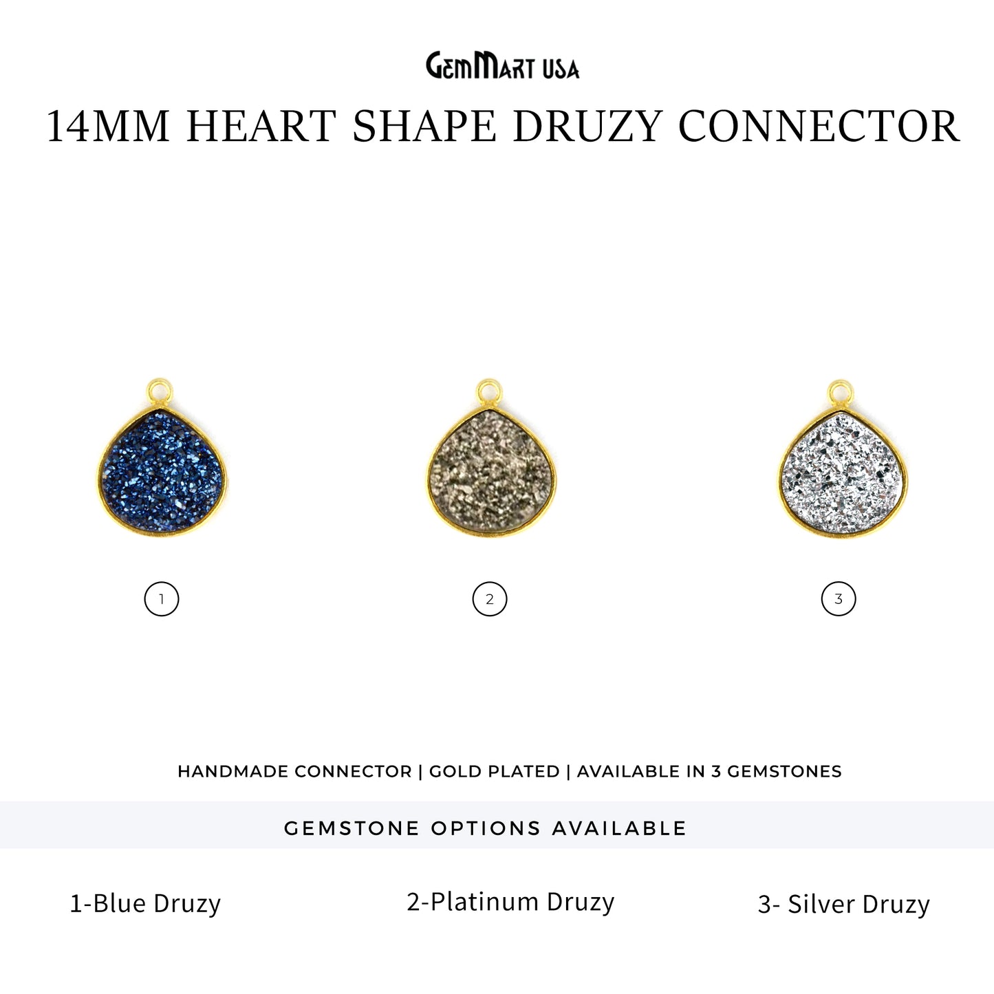 Natural Titanium Druzy 14mm Heart Gold Single Point Bail Gemstone Connector