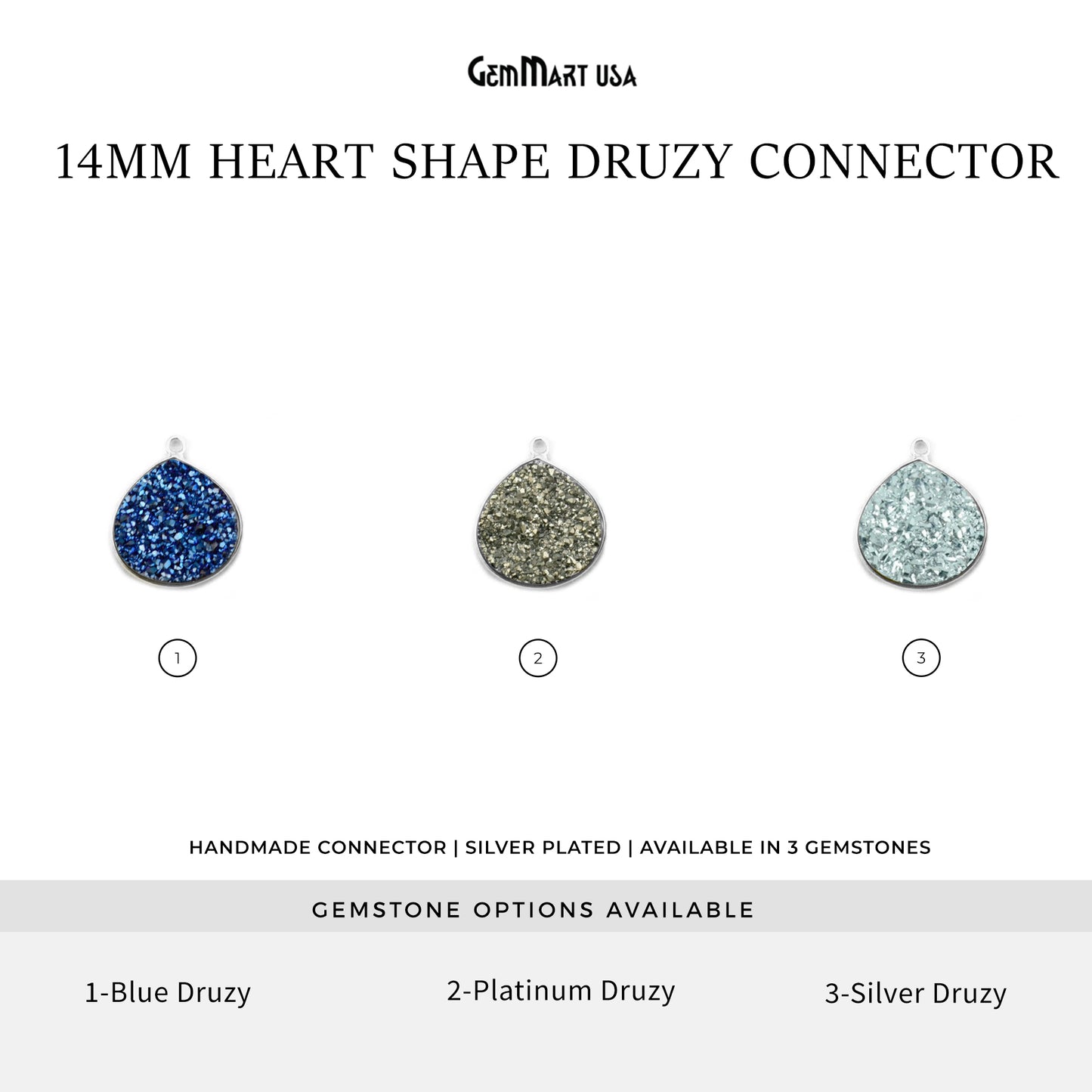 Natural Titanium Druzy 14mm Heart Silver Single Point Bail Gemstone Connector