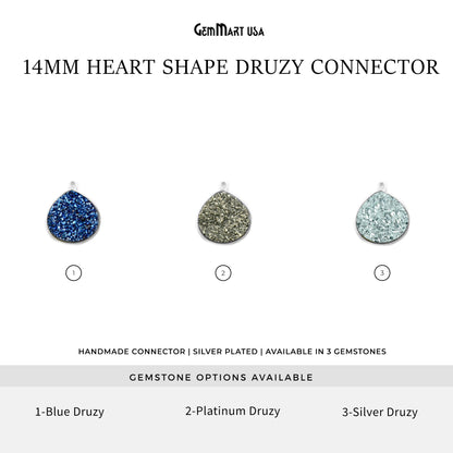 Natural Titanium Druzy 14mm Heart Silver Single Point Bail Gemstone Connector