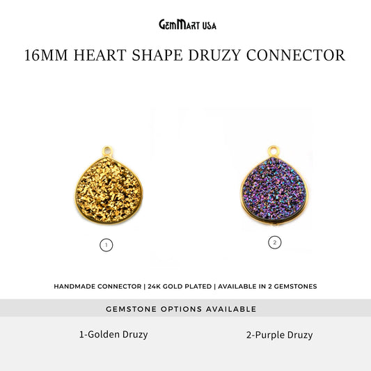 Rainbow Titanium Druzy 16mm Heart Shape Single Bail Gold Bezel Gemstone Connector