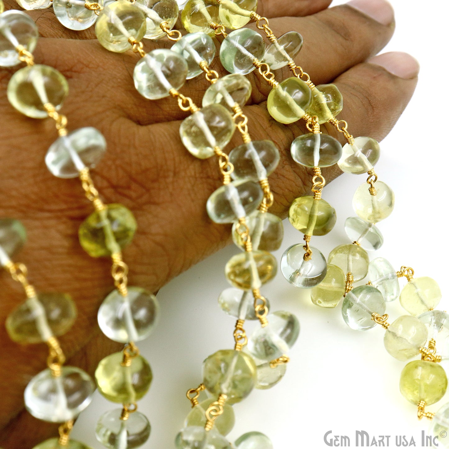 Green Amethyst & Lemon Topaz Cabochon Beads 9-10mm Gold Wire Wrapped Rosary Chain