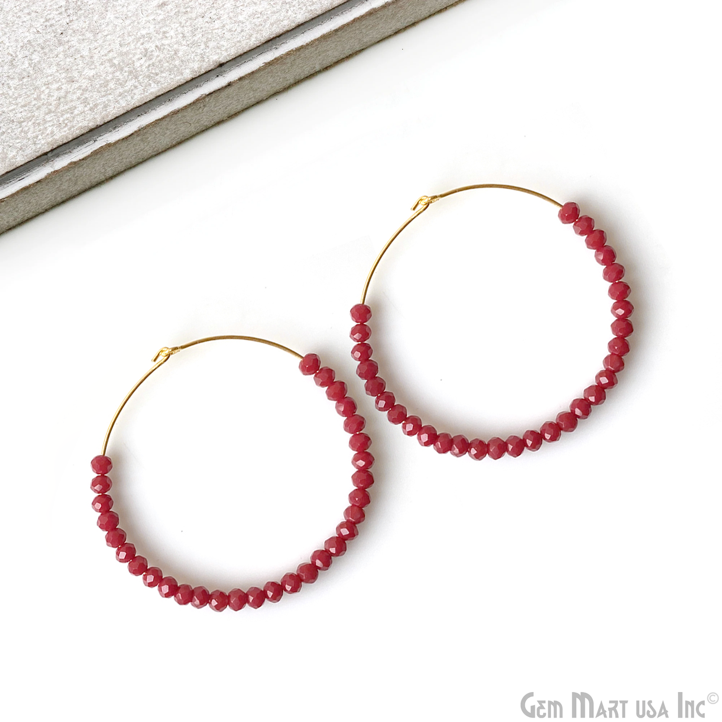 Round Beaded 42mm Gemstone Gold Plated Hoop Earrings