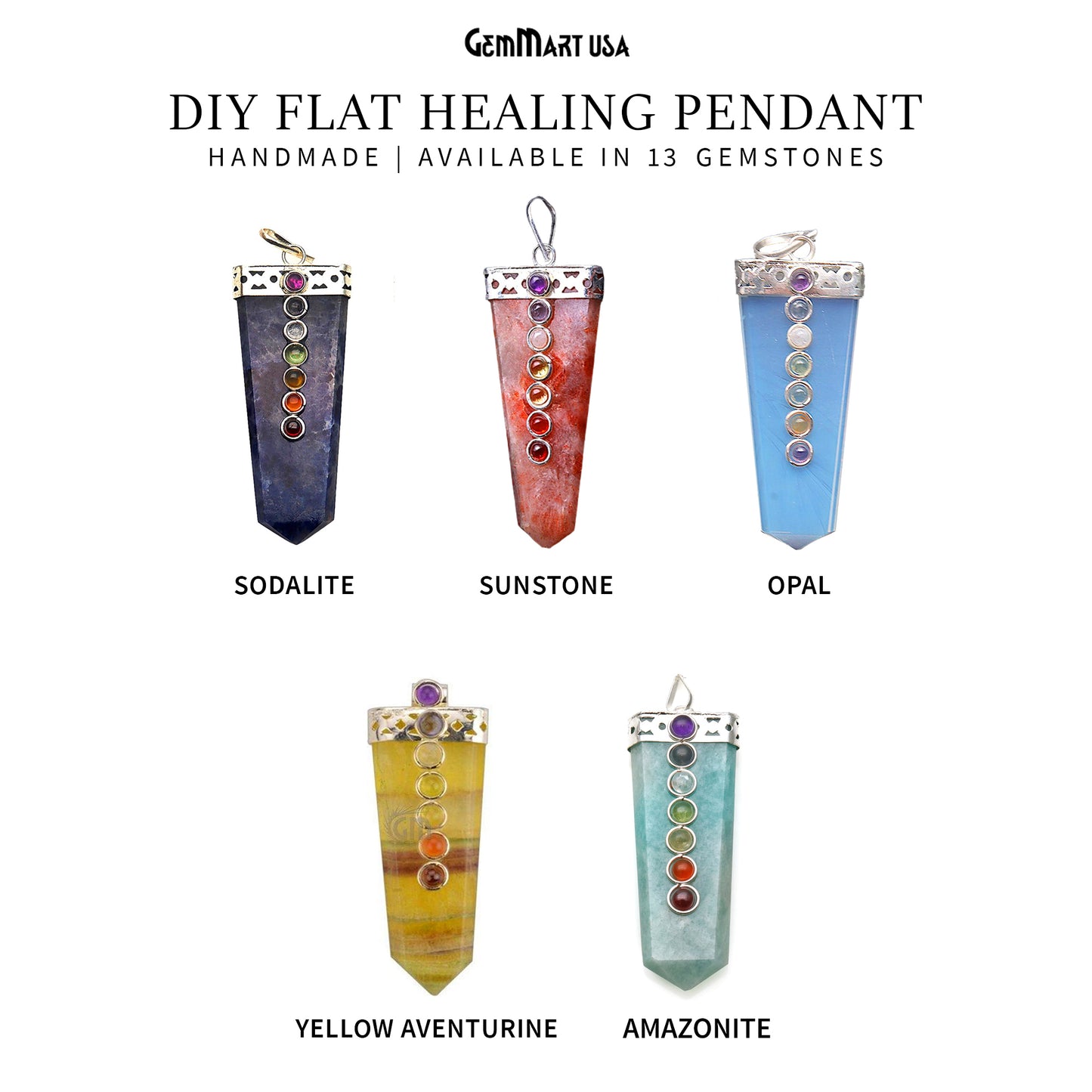 DIY 7 Chakra Healing Gemstone Silver 60x20mm Terminated Pendant