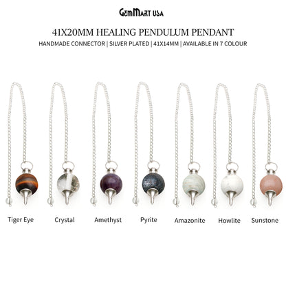 Handcrafted Crystal Ball 41x20mm Healing Dowsing Pointed Pendulum Pendant Silver Plated Chain Ball Shaped Gemstone