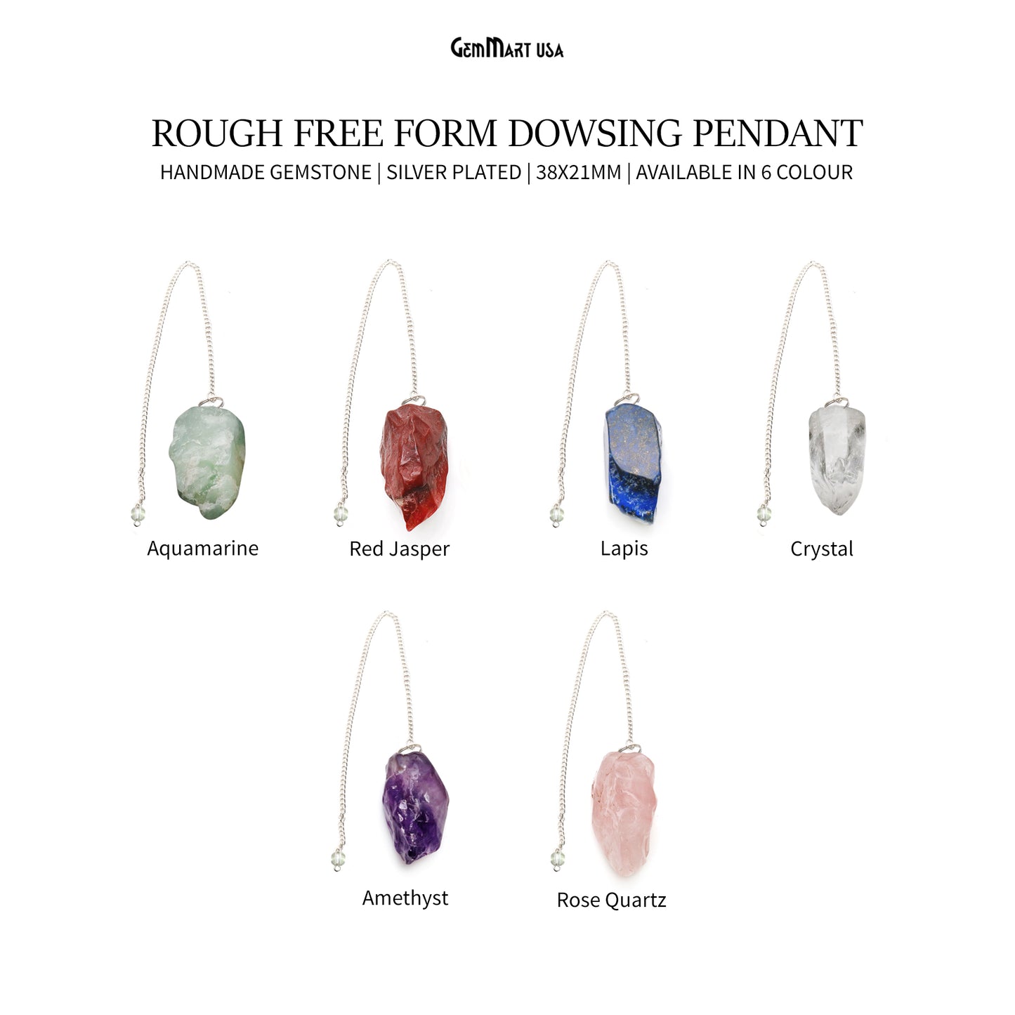 Rough Free Form Gemstone Dowsing Pendant Silver Plated 38x21mm