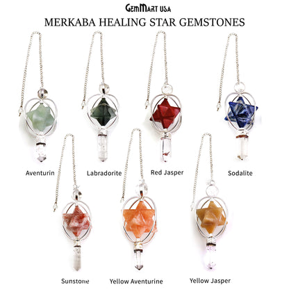 Healing Star Gemstone Merkaba Star 77x36mm Silver Plated Octahedron Star Gemstone Pendant