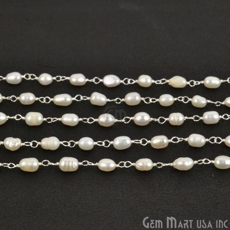 White Pearl Gemstone Sterling Silver Wire Wrapped Bead Fancy Rosary Chain