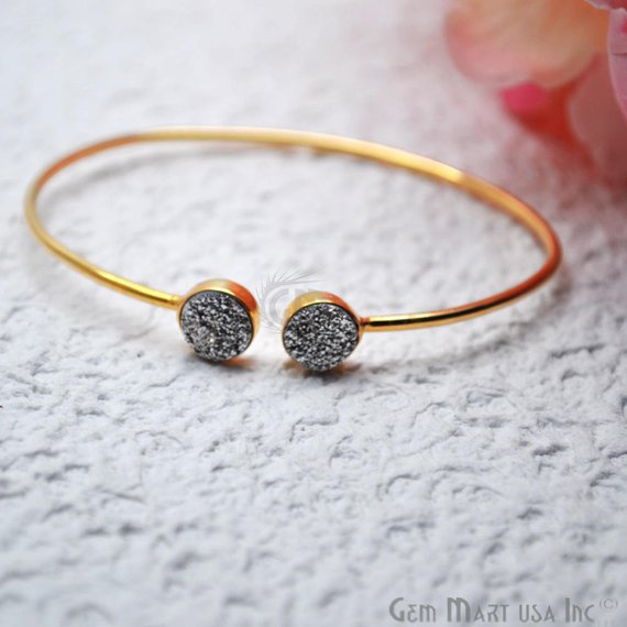 Druzy 8mm Round Shape Adjustable Gold Plated Bangle Bracelet (Pick Color) - GemMartUSA (754986909743)