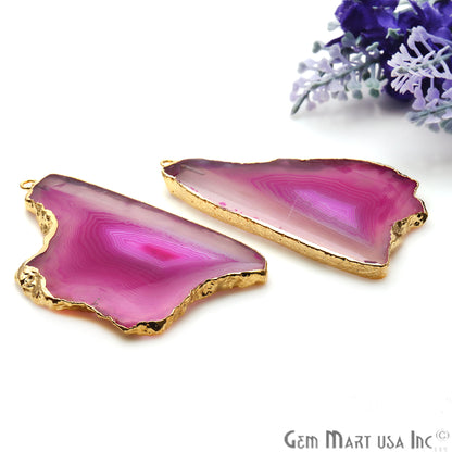 Agate Slice 34x55mm Organic Gold Electroplated Gemstone Earring Connector 1 Pair - GemMartUSA