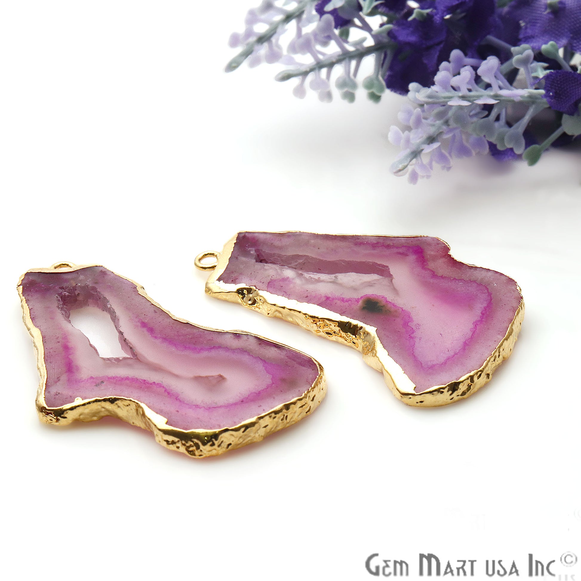 Agate Slice 23x43mm Organic Gold Electroplated Gemstone Earring Connector 1 Pair - GemMartUSA