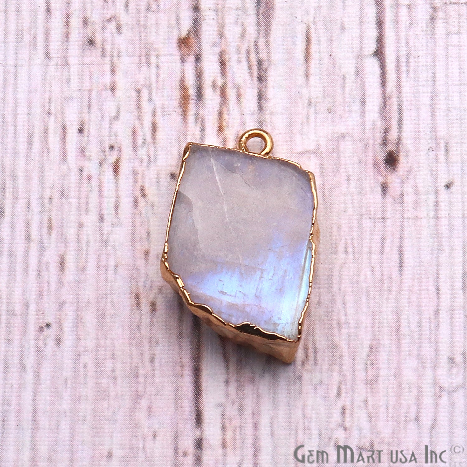 DIY Rough Rainbow Moonstone 20x14mm Gold Edge Gemstone Connector - GemMartUSA