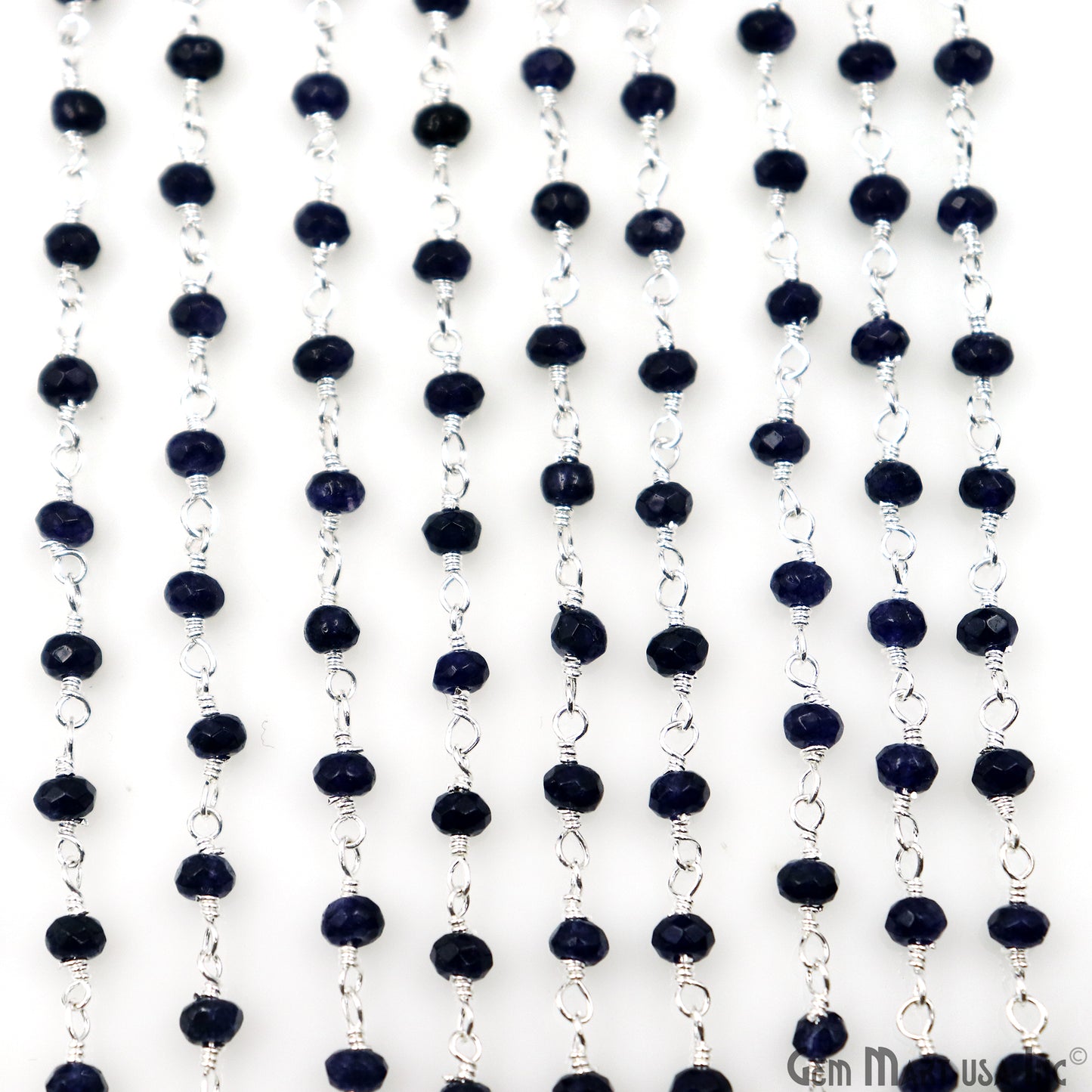 Sapphire 3-3.5mm Silver Plated Beaded Wire Wrapped Rosary Chain