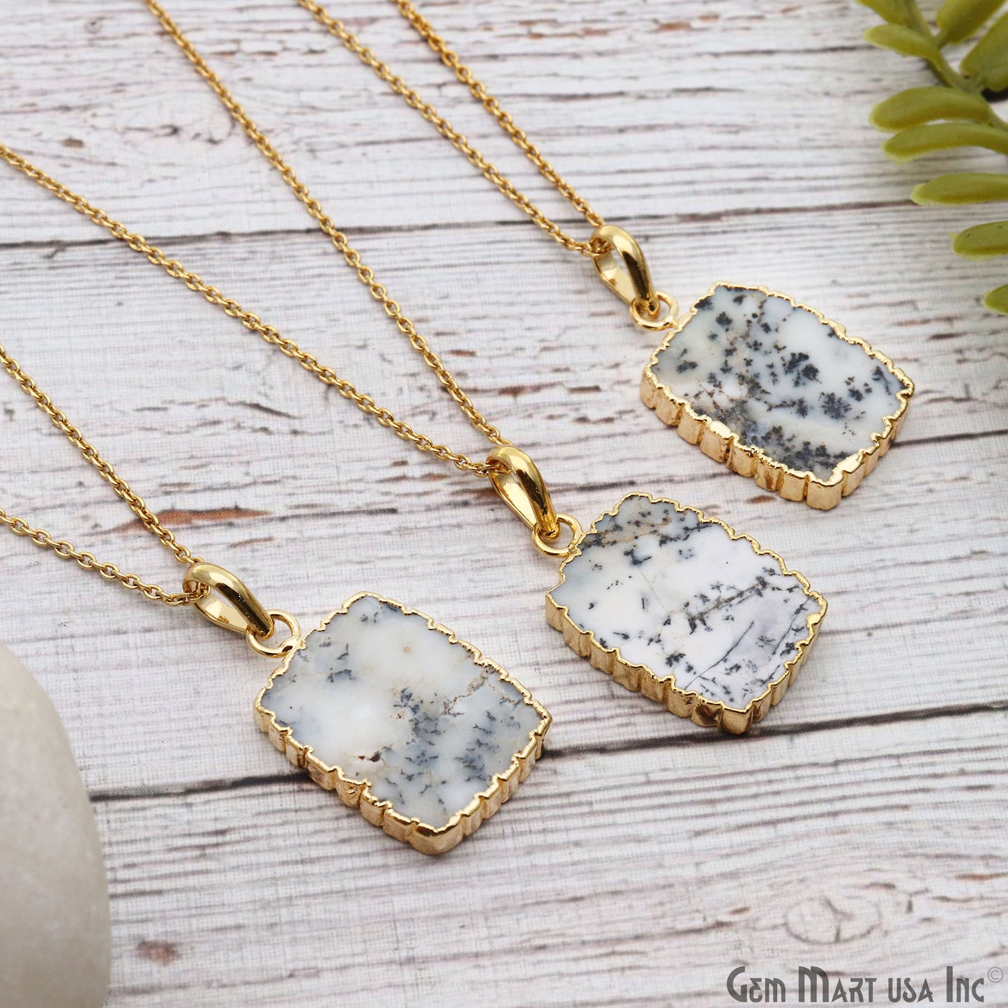 Dendrite Opal Rectangle 28x18mm Gold Electroplated Single Bail Connector Pendant