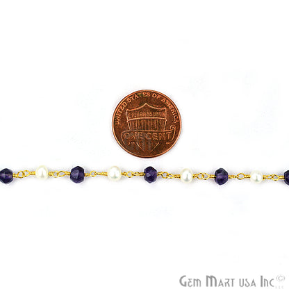 Amethyst With Pearl Gold Plated Wire Wrapped Beads Rosary Chain - GemMartUSA