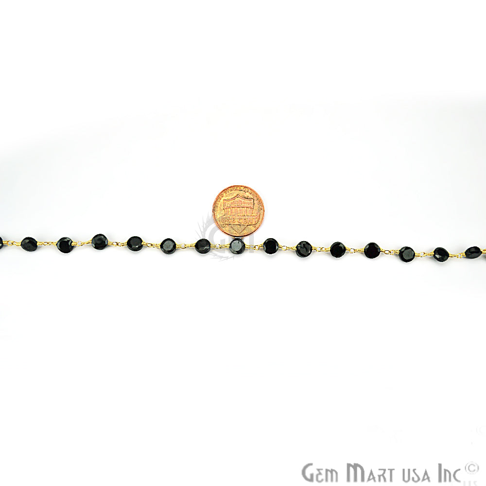 Black Spinel Coin 5mm Gold Plated Wire Wrapped Beads Rosary Chain - GemMartUSA (762921353263)
