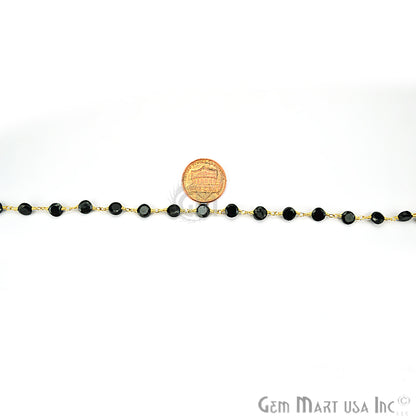 Black Spinel Coin 5mm Gold Plated Wire Wrapped Beads Rosary Chain - GemMartUSA (762921353263)