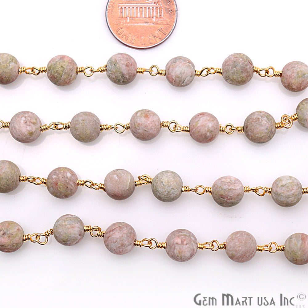 Unakite Frosted Gold Plated Wire Wrap Round Bead Jewelry Making Rosary Chain