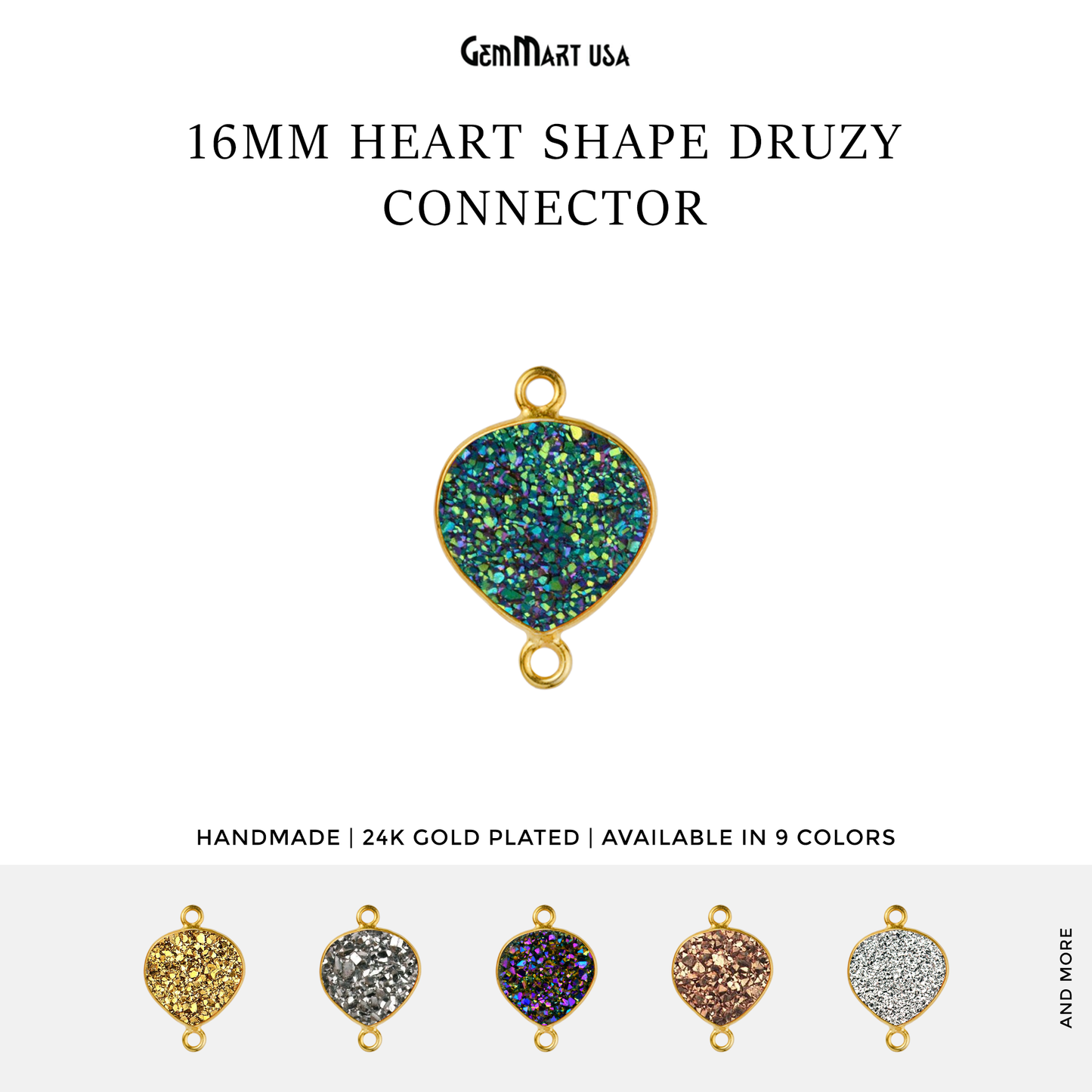 Natural Titanium Druzy 16mm Heart Gold Double Bail Gemstone Connector