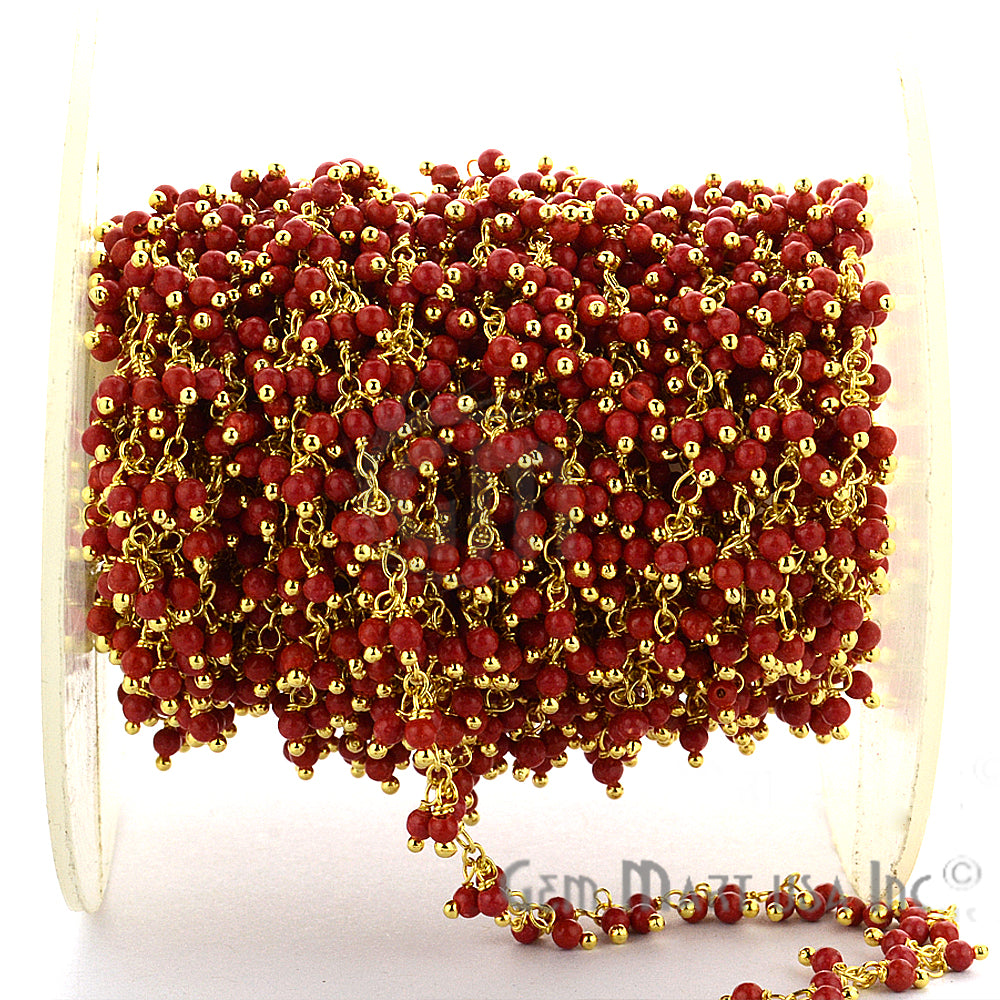 Red Coral Cluster Dangle Beads Gold Wire Wrapped Rosary Chain - GemmartUSA