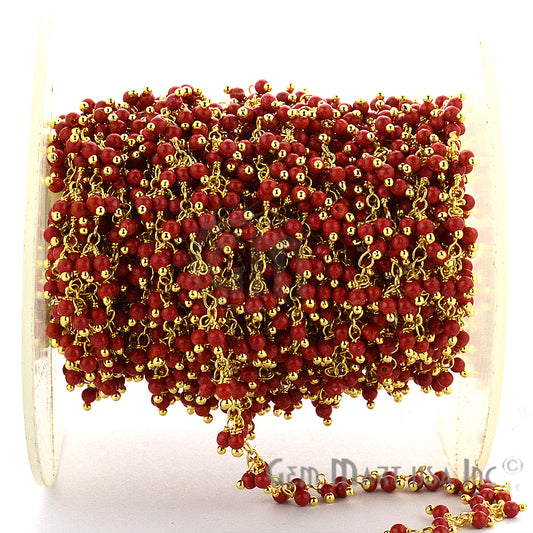 Red Coral Cluster Dangle Beads Gold Wire Wrapped Rosary Chain - GemmartUSA