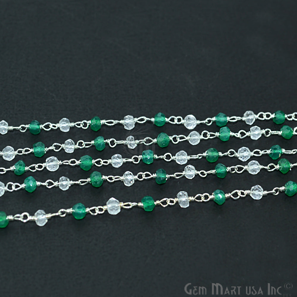 Green Onyx With Crystal Beads Silver Plated Wire Wrapped Rosary Chain