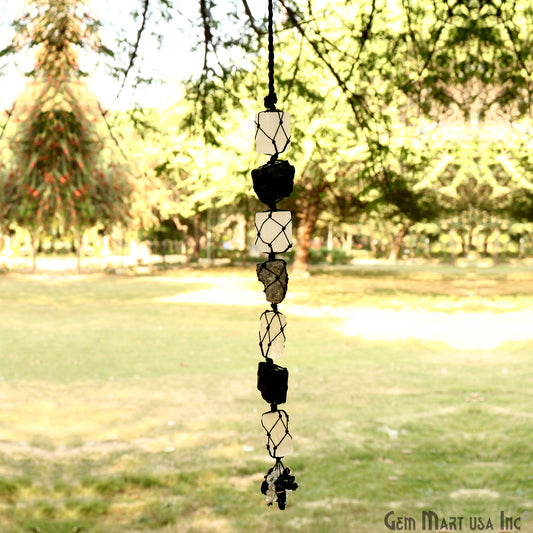 Selenite & Black Tourmaline Tumbled Gemstone Macrame Car/ Wall Crystal Hanging 11 Inch