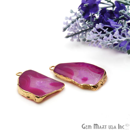 Agate Slice 17x31mm Organic Gold Electroplated Gemstone Earring Connector 1 Pair - GemMartUSA