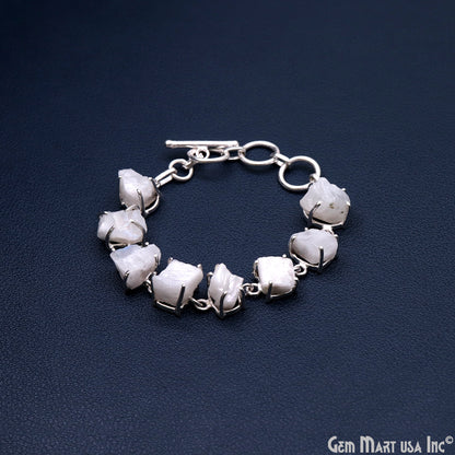 Natural Rough Gemstone In Silver Plated Prong Setting Toggle Clasp Bracelet 7 Inch