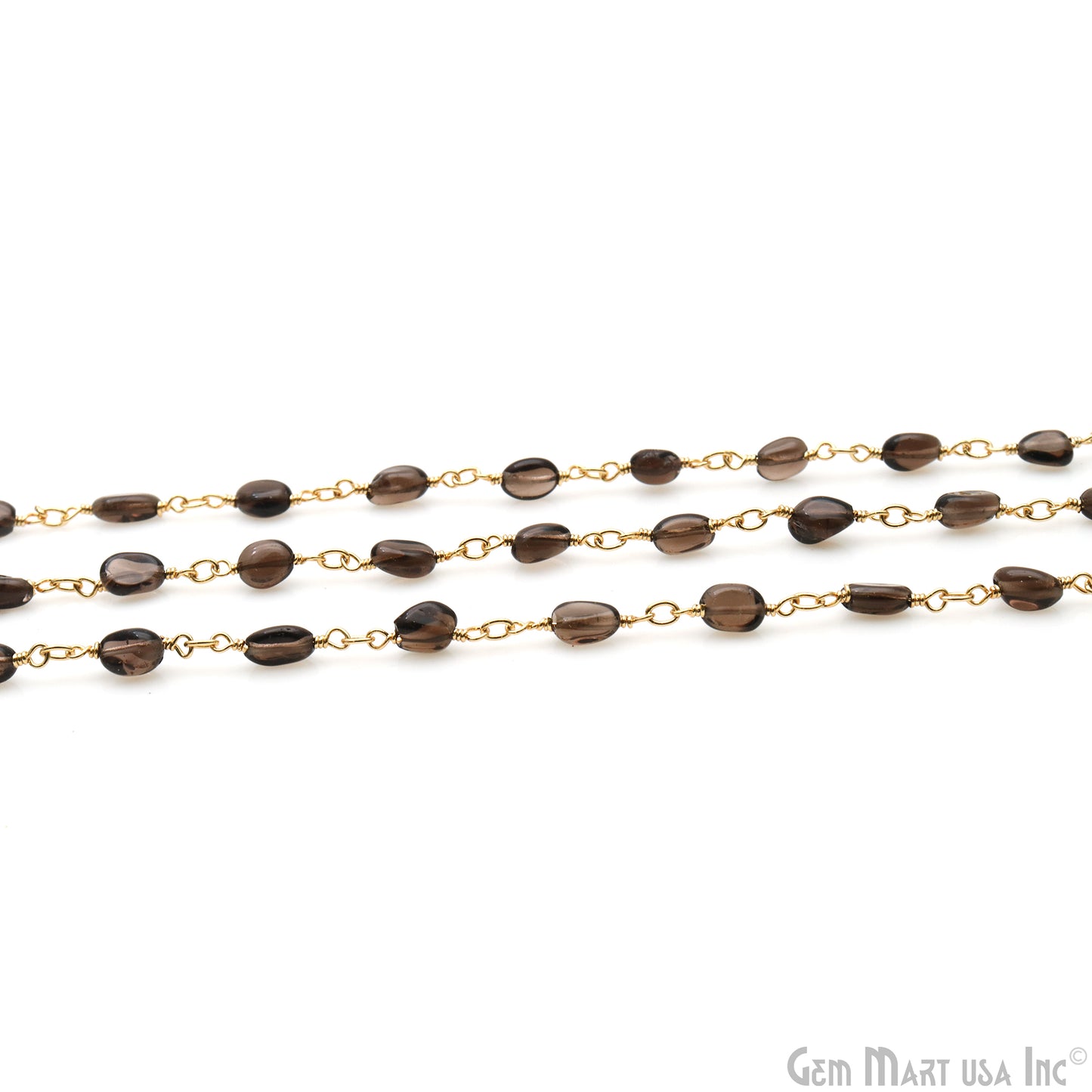 Smoky Topaz Tumble Beads 8x5mm Gold Wire Wrapped Rosary Chain