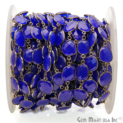 Dark Blue Chalcedony 10-15mm Oxidized Bezel Continuous Connector Chain - GemmartUSA