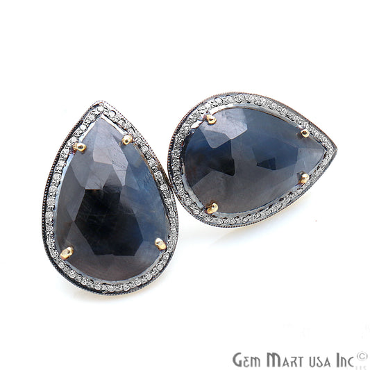 Sapphire With Cubic Zircon Pave 25x17mm Gold Vermeil Stud Earring - GemMartUSA