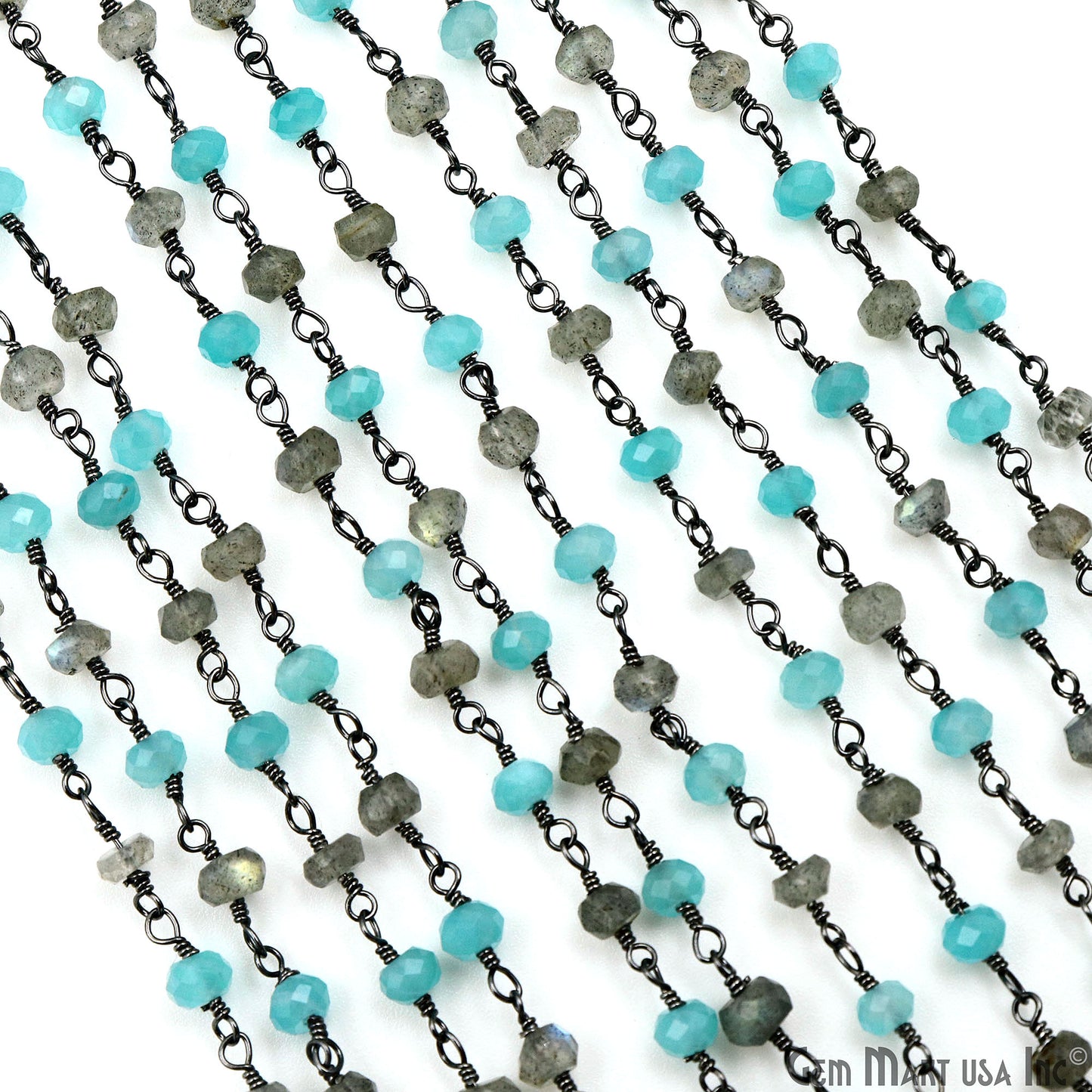 Aqua Chalcedony & Labradorite Faceted Beads 3-3.5mm Oxidized Gemstone Rosary Chain