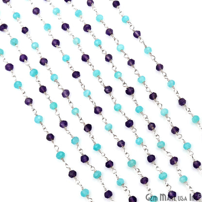 Amethyst & Amazonite Beads 3-3.5mm Silver Plated Wire Wrapped Rosary Chain