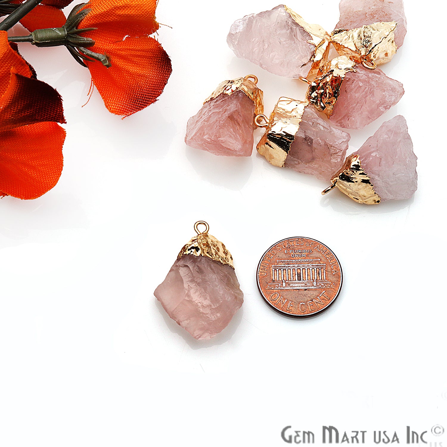 Rough Rose Quartz Gemstone 25x18mm Organic Gold Edged Single Bail Connector Charm - GemMartUSA