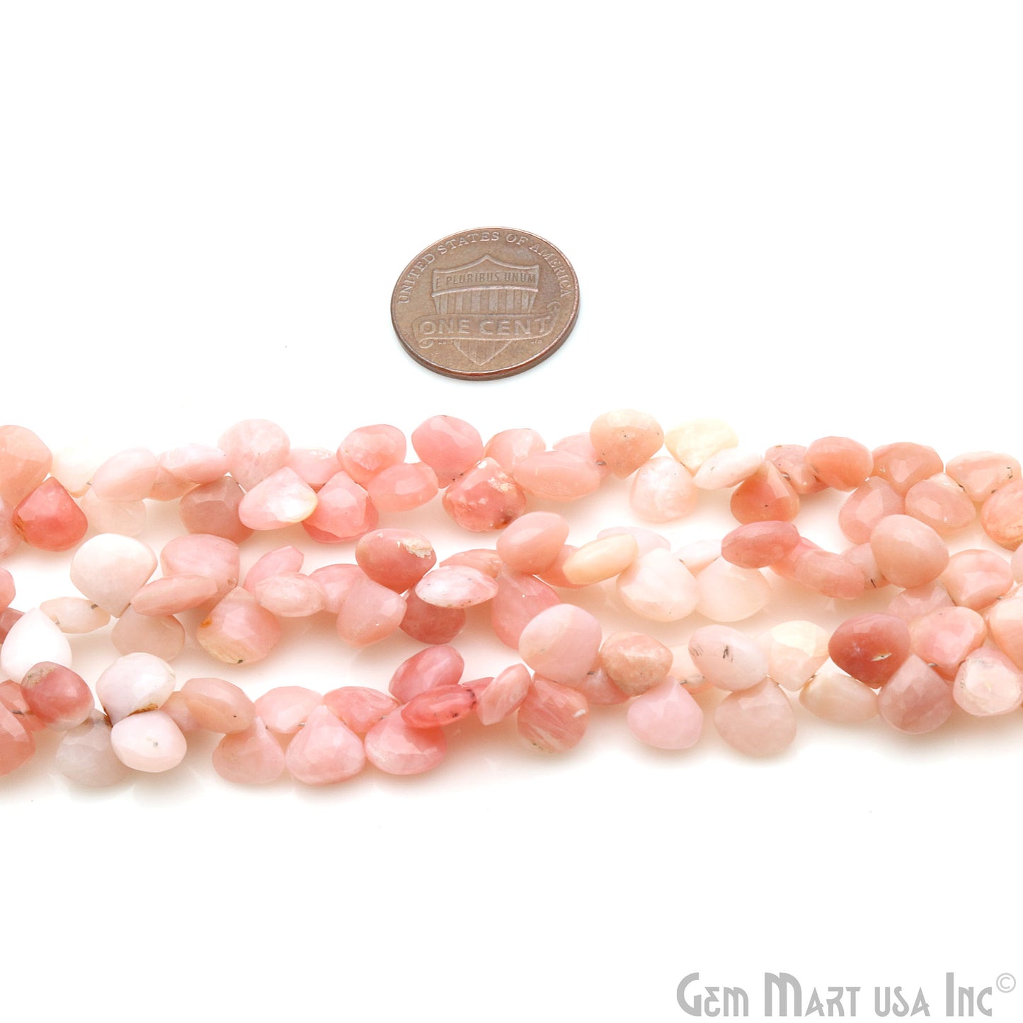 Pink Opal Heart Beads, 8.5 Inch Gemstone Strands, Drilled Strung Briolette Beads, Heart Shape, 6-7mm