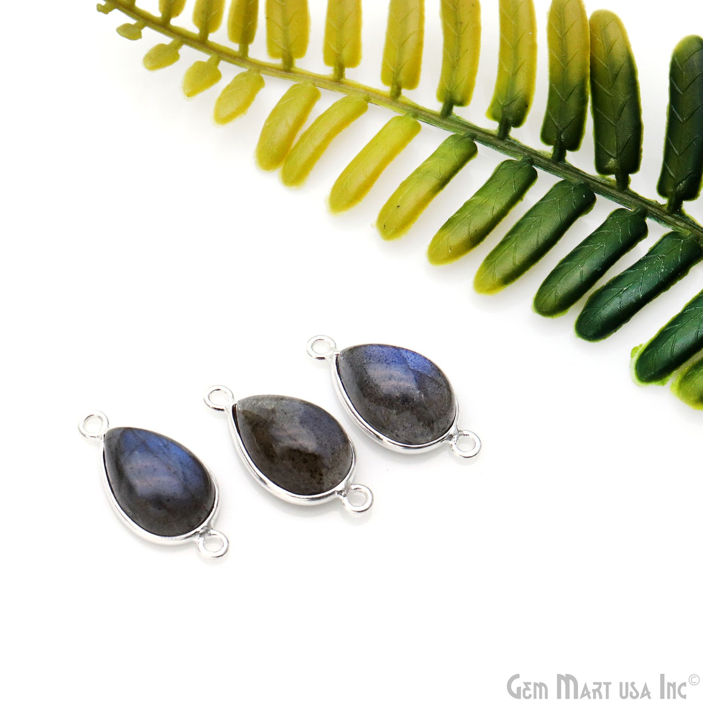 Flashy Labradorite Cabochon 9x13mm Pears Double Bail Silver Plated Gemstone Connector