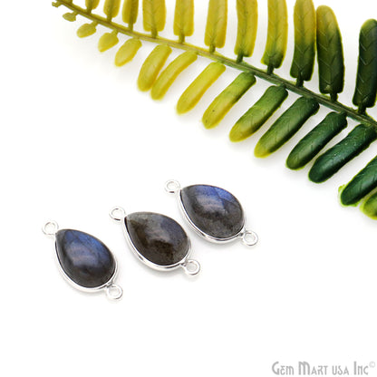 Flashy Labradorite Cabochon 9x13mm Pears Double Bail Silver Plated Gemstone Connector