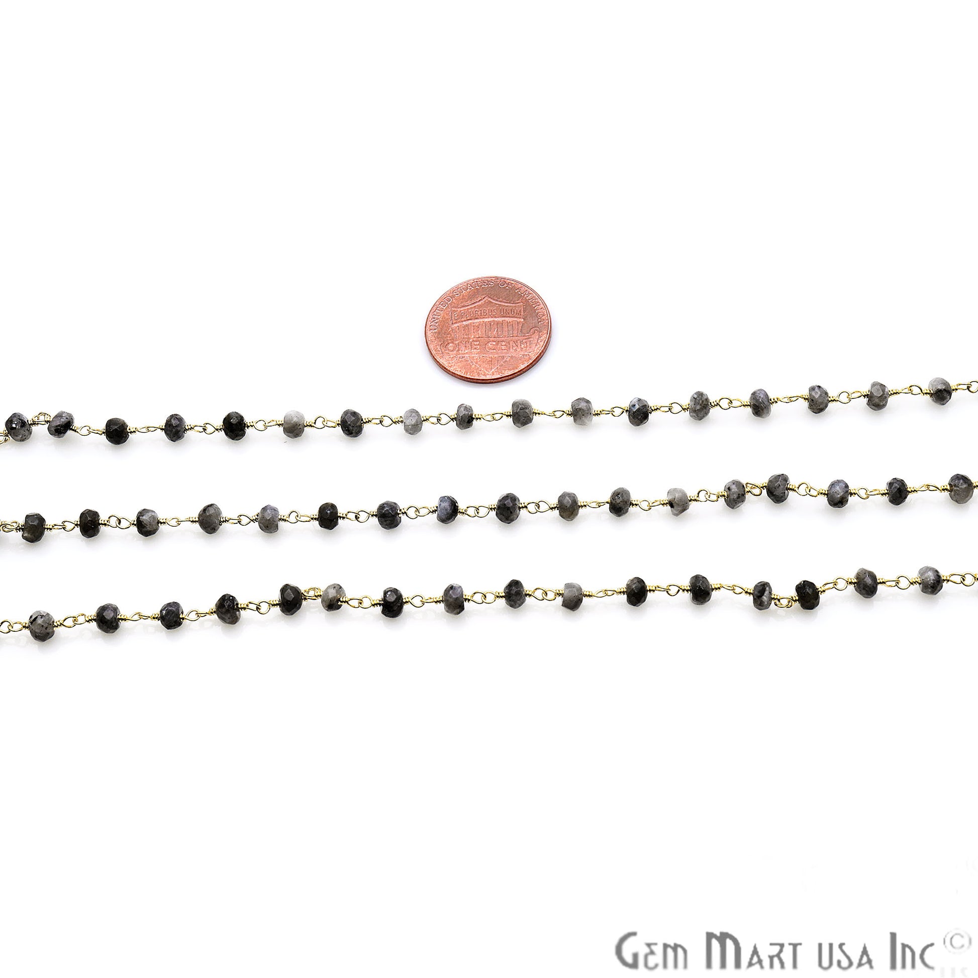 Black Rutilated Jade Faceted Beads Gold Plated Wire Wrapped Rosary Chain - GemMartUSA