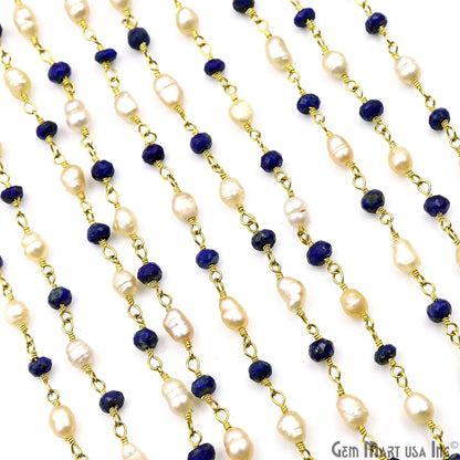 Lapis & Pearl Gold Plated Wire Wrapped Rosary Chain