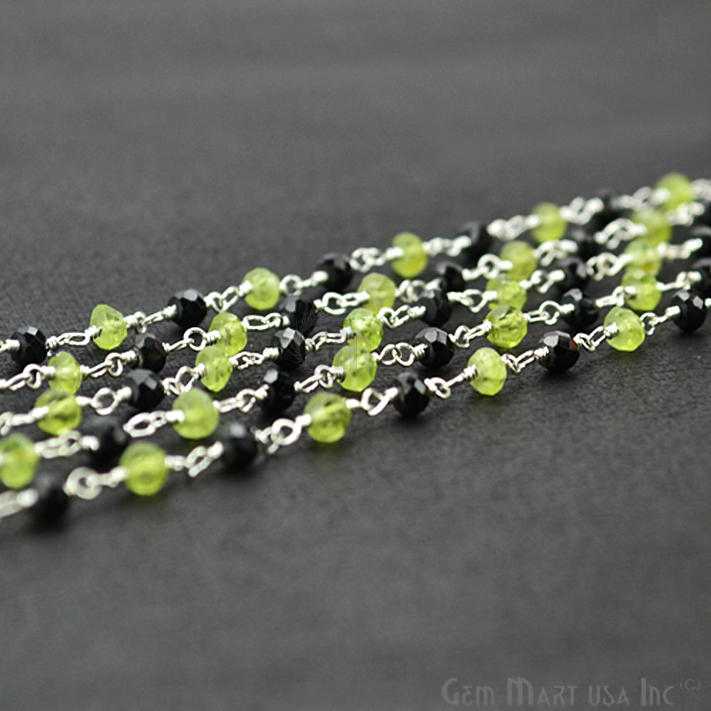 Black Spinel With Peridot Silver Plated Beads Rosary Chain