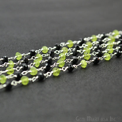 Black Spinel With Peridot Silver Plated Beads Rosary Chain