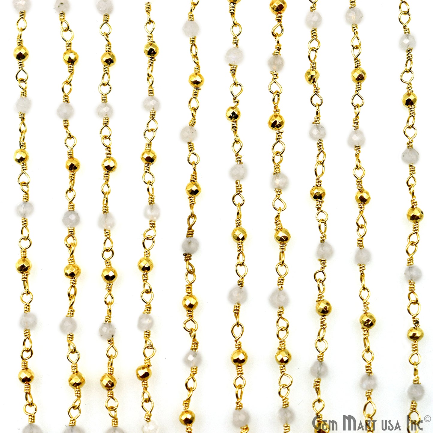 Rainbow & Golden Pyrite 2-2.5mm Tiny Beads Gold Plated Wire Wrapped Rosary Chain