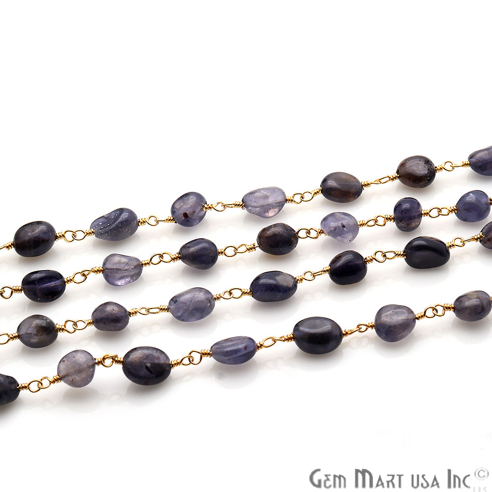 Iolite 6x4mm Organic Shape Gold Wire Wrapped Rosary Chain