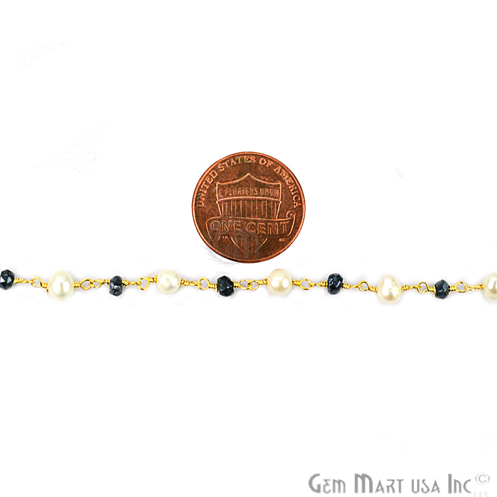 Black Spinel With Pearl 3-3.5mm Gold Plated Wire Wrapped Beads Rosary Chain