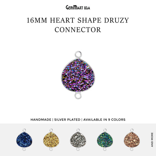 Natural Titanium Druzy 16mm Heart Silver Double Bail Gemstone Connector
