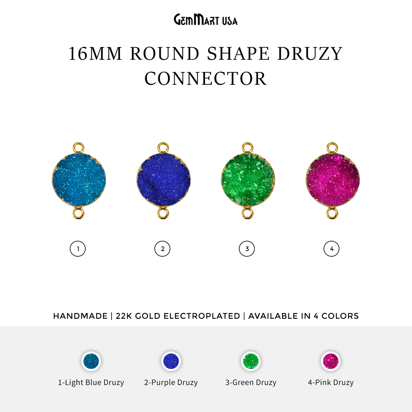 Gold Electroplated 16mm Round Double Bail Druzy Gemstone Connector